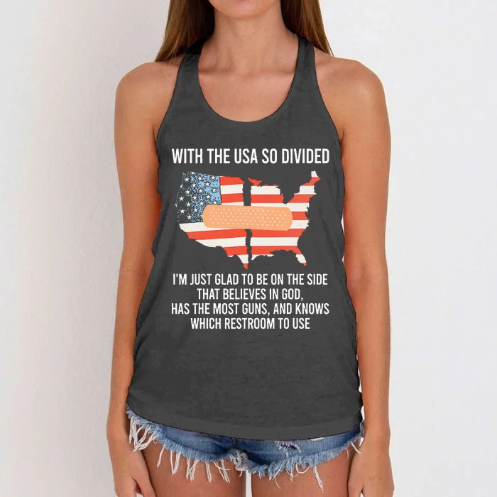 With The Usa So Divided America Flag Women's Knotted Racerback Tank