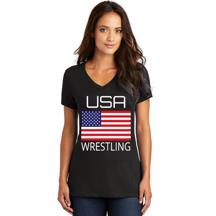 Wrestling Team Wrestle Usa American Flag Wrestler Coach Gift Women's V-Neck T-Shirt