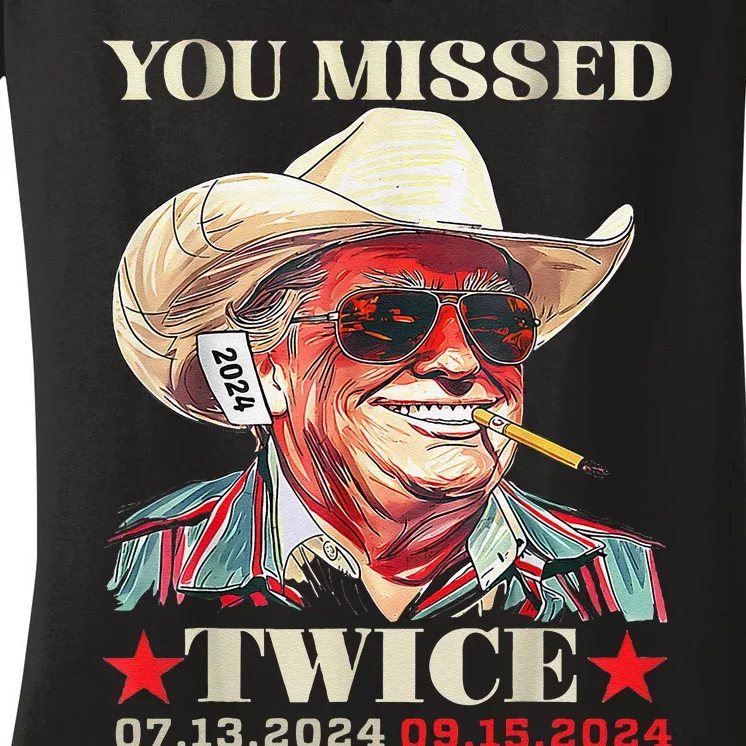 Western Trump You Missed Twice Funny Political Cowboy 2024 Women's V-Neck T-Shirt