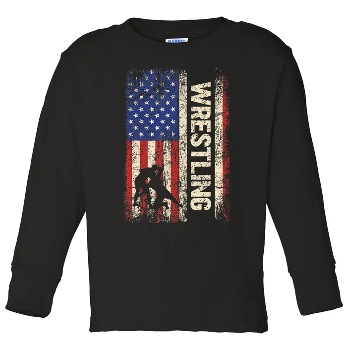 Wrestling Usa American Flag Wrestle 4th Of July Toddler Long Sleeve Shirt