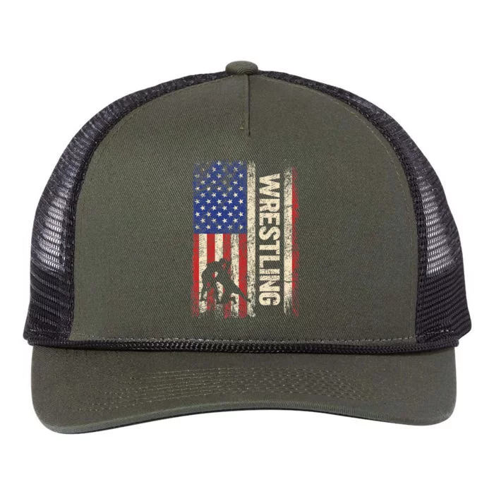 Wrestling Usa American Flag Wrestle 4th Of July Retro Rope Trucker Hat Cap