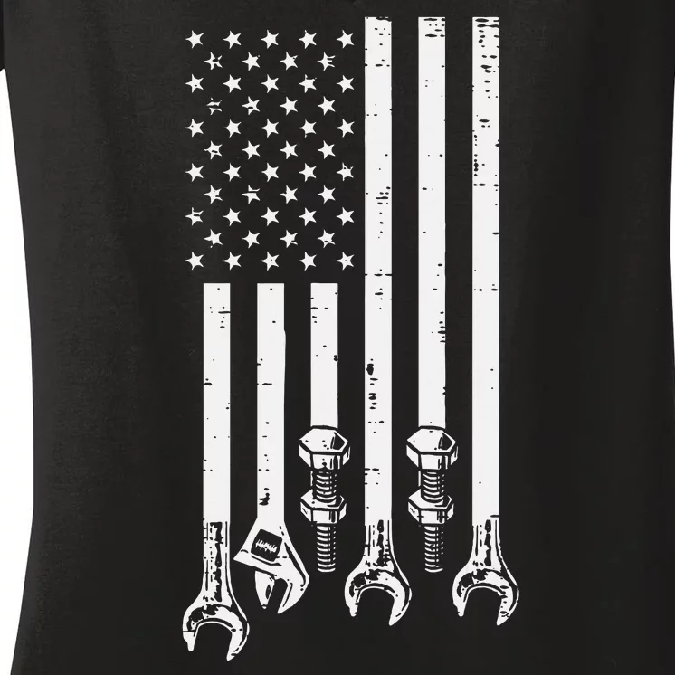 Wrench Usa American Flag Car Mechanic Garage Patriotic Women's V-Neck T-Shirt