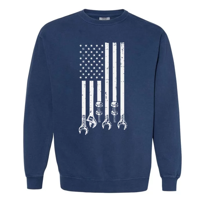 Wrench Usa American Flag Car Mechanic Garage Patriotic Garment-Dyed Sweatshirt