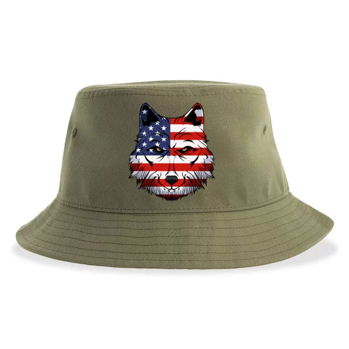 Wolf Usa American Flag National Memorial Day 4th Of July Gift Sustainable Bucket Hat