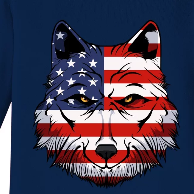 Wolf Usa American Flag National Memorial Day 4th Of July Gift Baby Long Sleeve Bodysuit