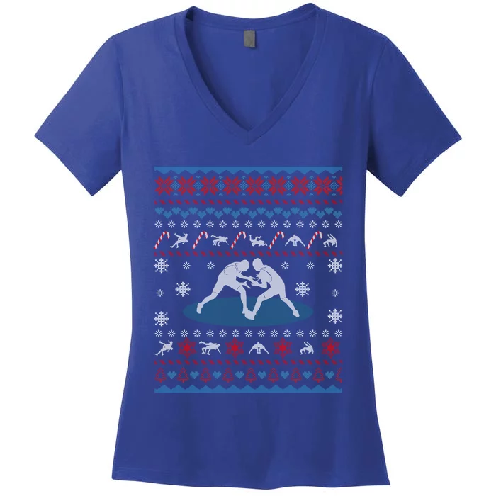 Wrestling Ugly Christmas Sweater Funny Funny Gift For Wrestler Gift Women's V-Neck T-Shirt