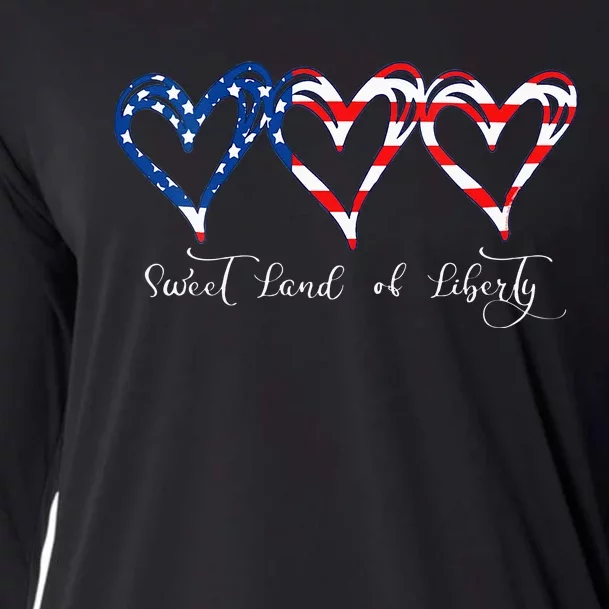 Womens USA Flag Patriotic Hearts 4th Of July Sweet Land Of Liberty Cooling Performance Long Sleeve Crew