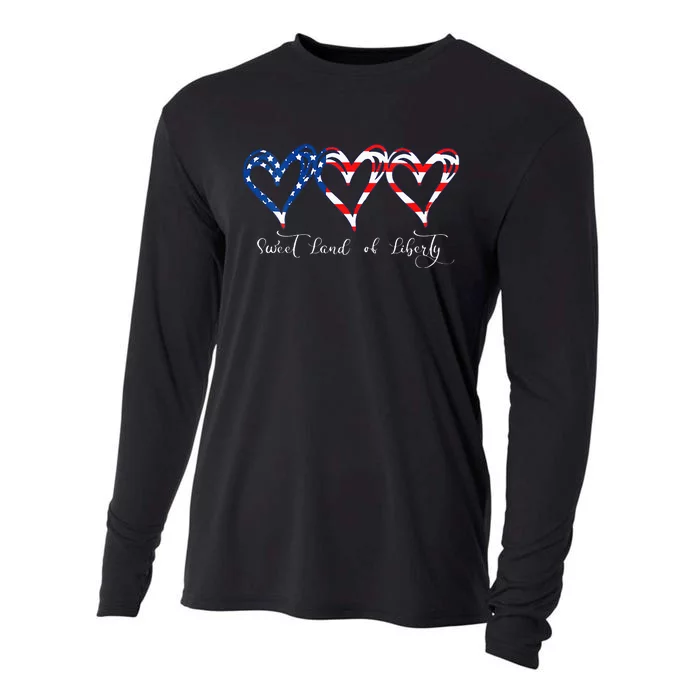 Womens USA Flag Patriotic Hearts 4th Of July Sweet Land Of Liberty Cooling Performance Long Sleeve Crew