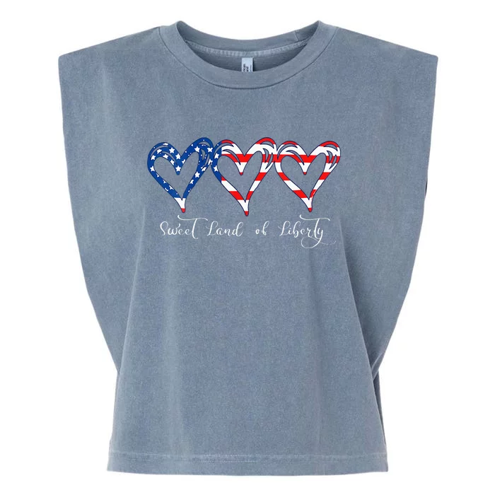 Womens USA Flag Patriotic Hearts 4th Of July Sweet Land Of Liberty Garment-Dyed Women's Muscle Tee