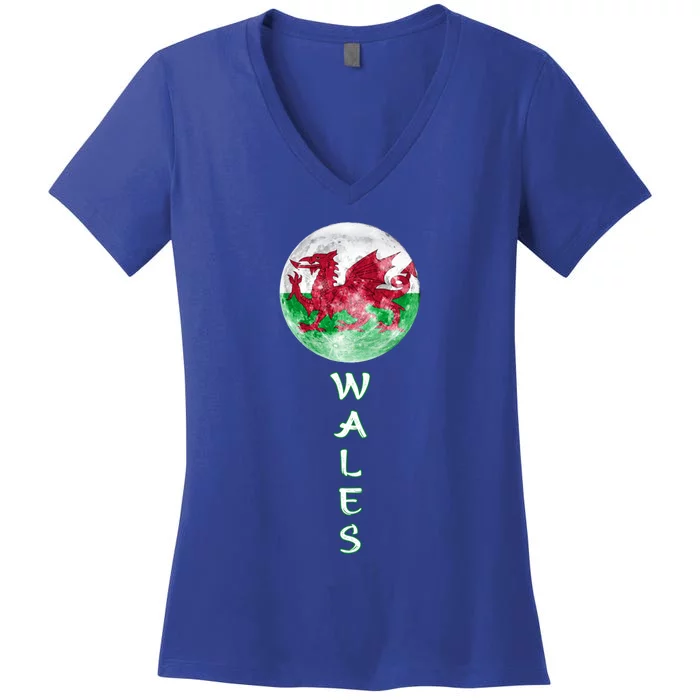 Wales Uk Flag Moon Pride Wales Uk Funny Gift Love Wales Souvenir Gift Women's V-Neck T-Shirt