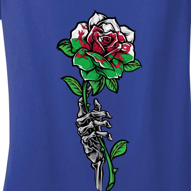 Wales Uk Flag Rose With Skeleton Wales Uk Funny Gift Love Wales Gift Women's V-Neck T-Shirt