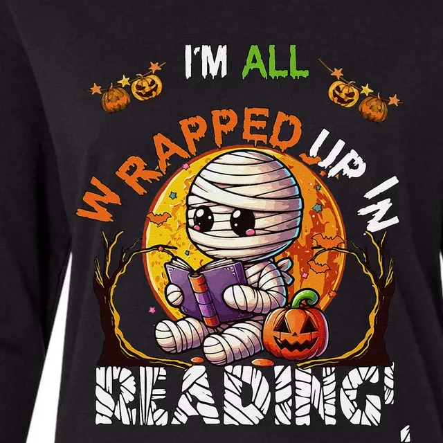 Wrapped Up In Reading Halloween Moon Cute Mummy Reading Book Womens Cotton Relaxed Long Sleeve T-Shirt