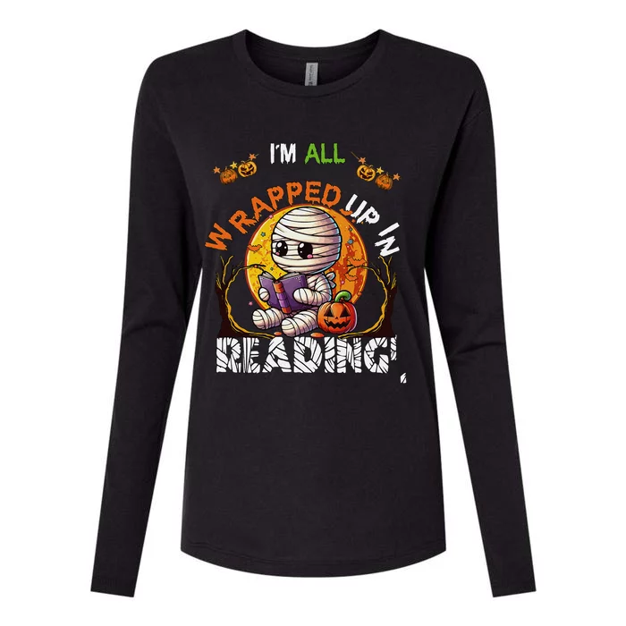 Wrapped Up In Reading Halloween Moon Cute Mummy Reading Book Womens Cotton Relaxed Long Sleeve T-Shirt