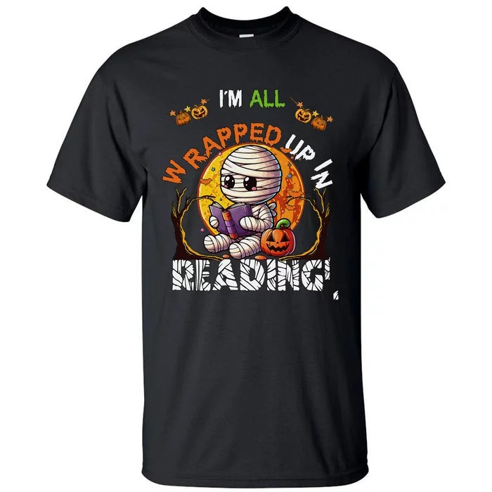 Wrapped Up In Reading Halloween Moon Cute Mummy Reading Book Tall T-Shirt