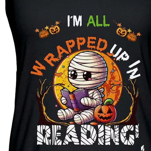 Wrapped Up In Reading Halloween Moon Cute Mummy Reading Book Ladies Essential Flowy Tank