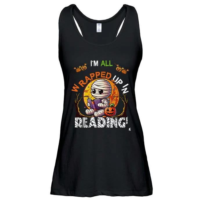 Wrapped Up In Reading Halloween Moon Cute Mummy Reading Book Ladies Essential Flowy Tank