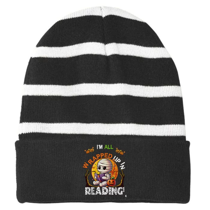 Wrapped Up In Reading Halloween Moon Cute Mummy Reading Book Striped Beanie with Solid Band