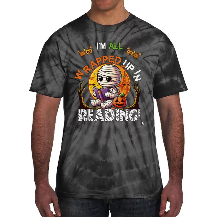 Wrapped Up In Reading Halloween Moon Cute Mummy Reading Book Tie-Dye T-Shirt