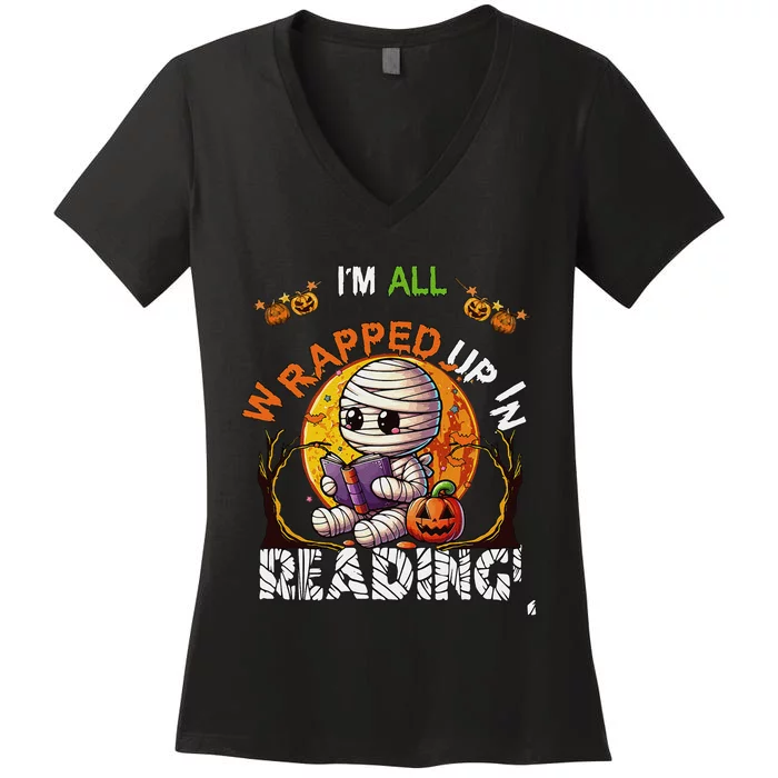 Wrapped Up In Reading Halloween Moon Cute Mummy Reading Book Women's V-Neck T-Shirt