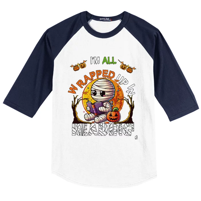 Wrapped Up In Reading Halloween Moon Cute Mummy Reading Book Baseball Sleeve Shirt