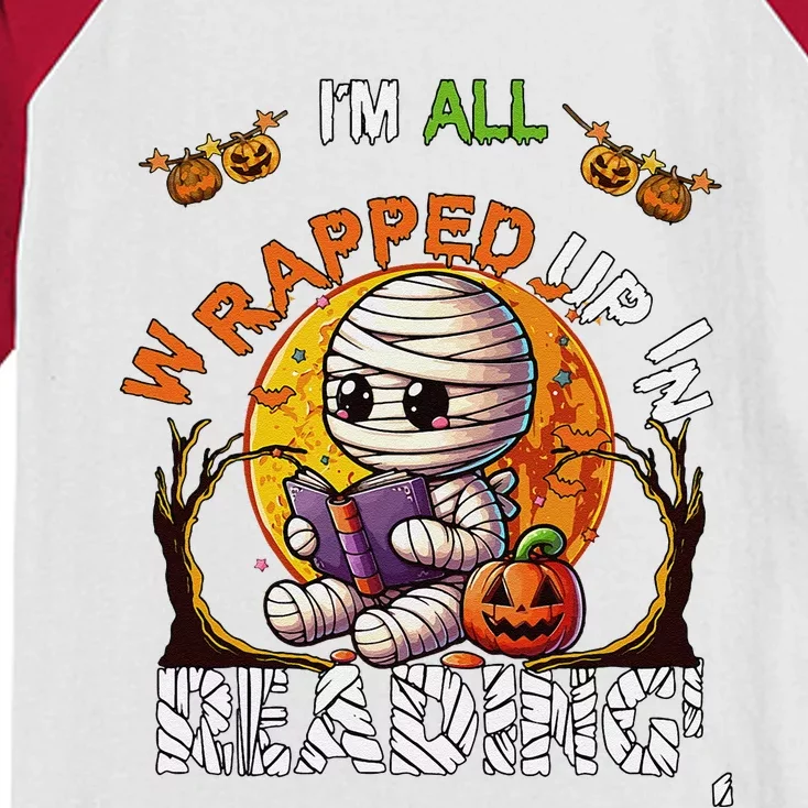 Wrapped Up In Reading Halloween Moon Cute Mummy Reading Book Kids Colorblock Raglan Jersey