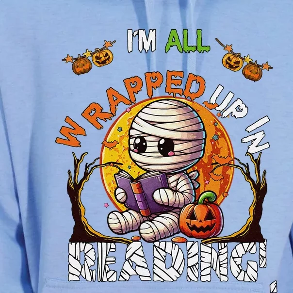 Wrapped Up In Reading Halloween Moon Cute Mummy Reading Book Unisex Surf Hoodie