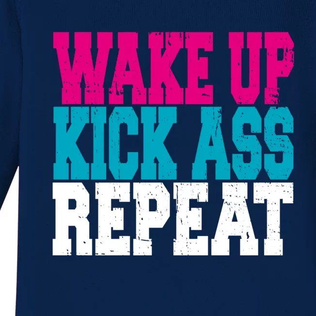 Wake Up Kick Ass Repeat Fitness Workout Gym Great Gift Baby Long Sleeve Bodysuit