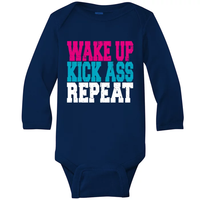 Wake Up Kick Ass Repeat Fitness Workout Gym Great Gift Baby Long Sleeve Bodysuit