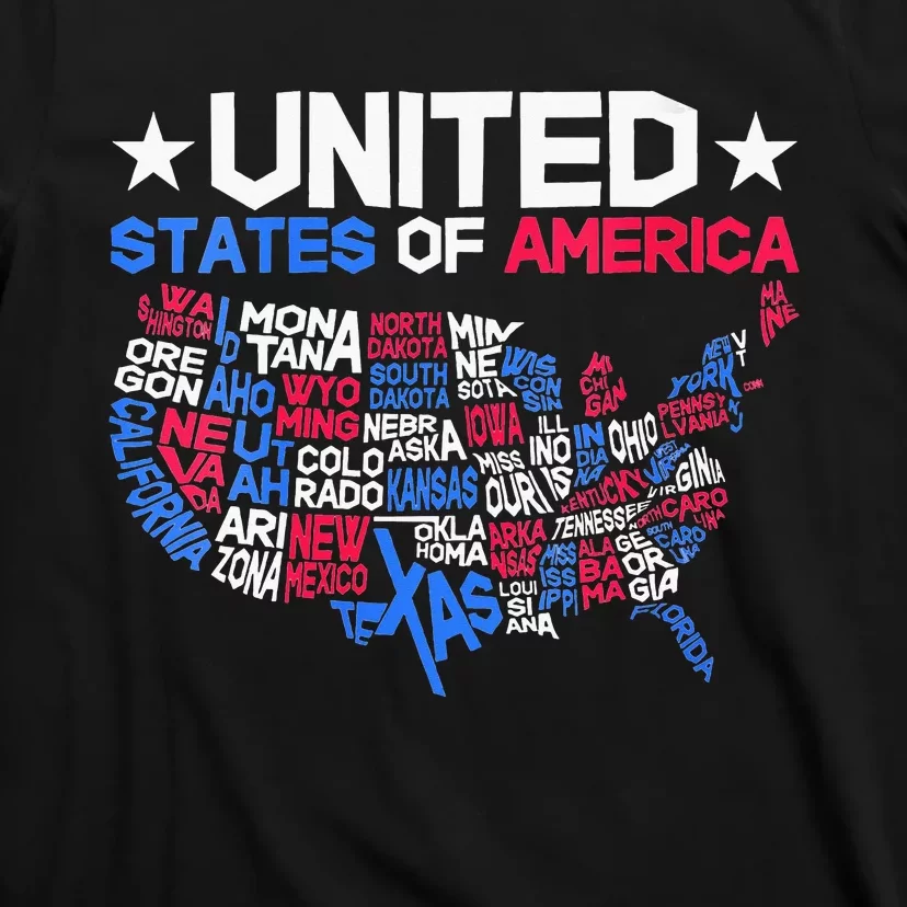 Wo US Map With Word Art States 4th Of July USA Indepedence Day T-Shirt