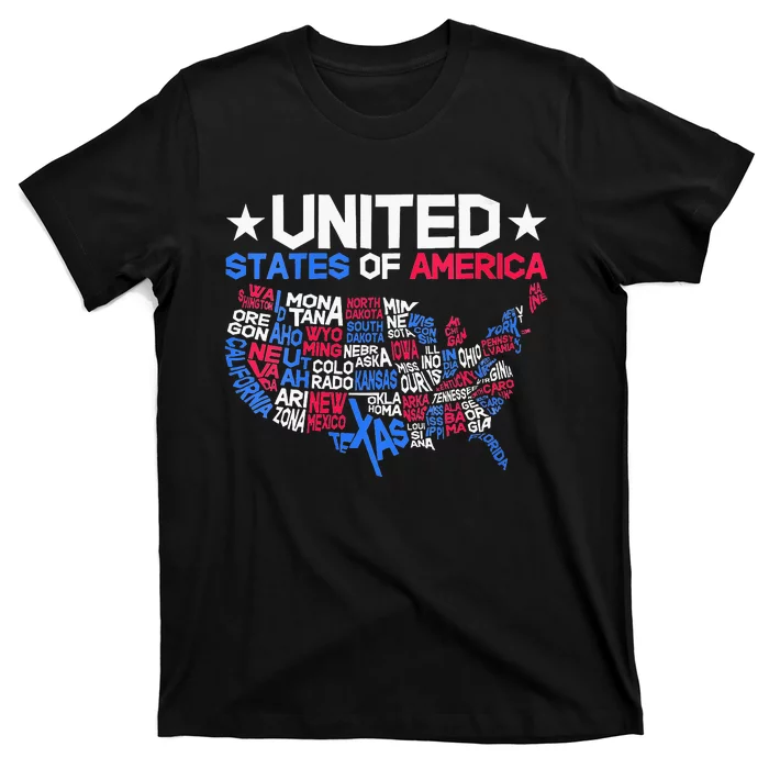 Wo US Map With Word Art States 4th Of July USA Indepedence Day T-Shirt