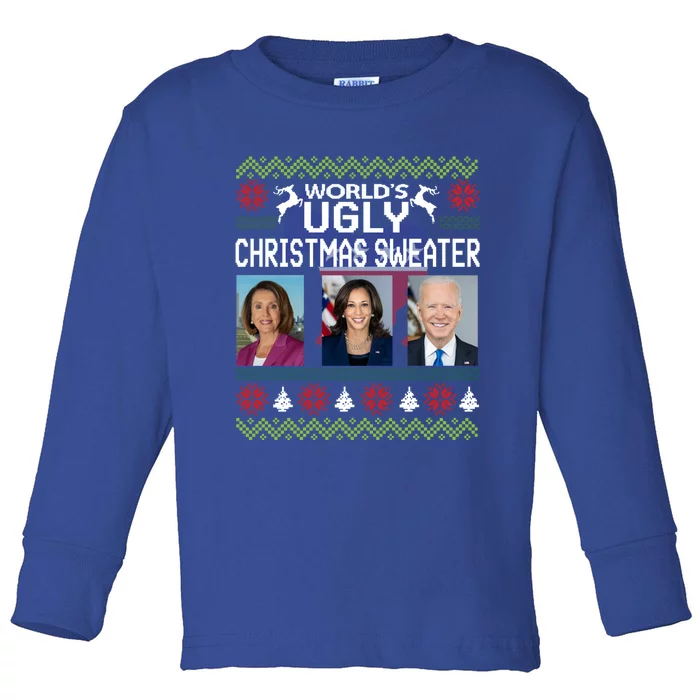 World's Ugly Pelosi Kamala Joe Biden Christmas Sweater Gift Toddler Long Sleeve Shirt