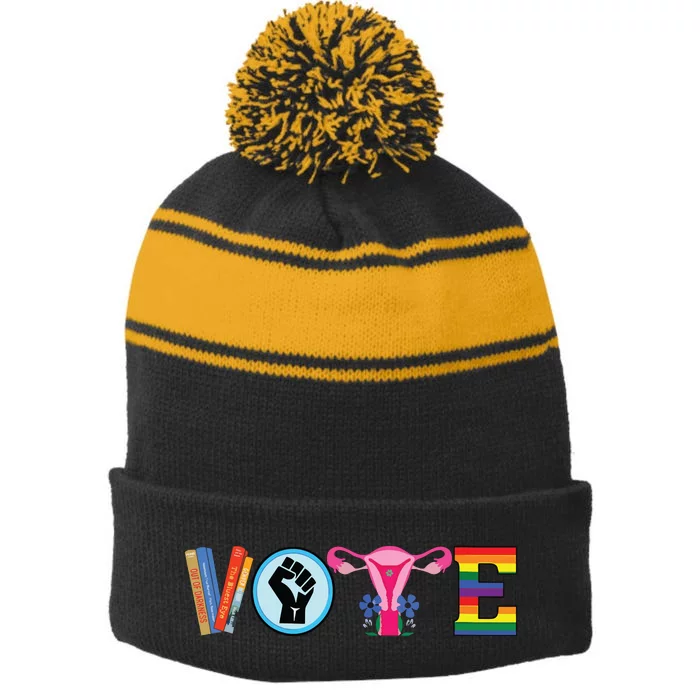 Women Vote Books Fist Ovaries Lgtbq Vneck Stripe Pom Pom Beanie