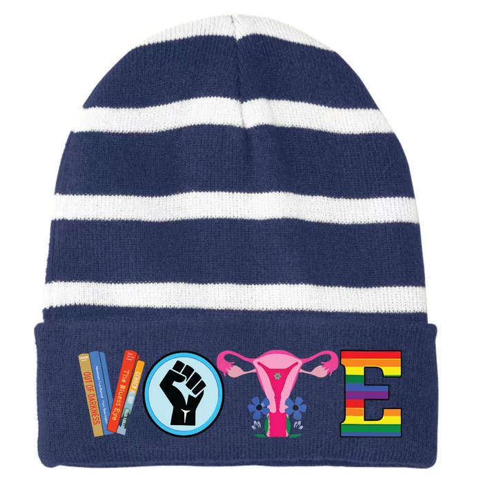 Women Vote Books Fist Ovaries Lgtbq Vneck Striped Beanie with Solid Band