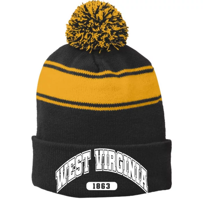 West Virginia Collegiate Style 1863 Stripe Pom Pom Beanie