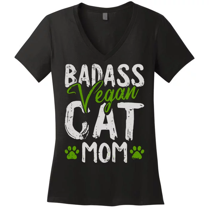 Womens Vegan Cat Mom MothersDay Badass Mama Paw Print Kitten Lover Women's V-Neck T-Shirt