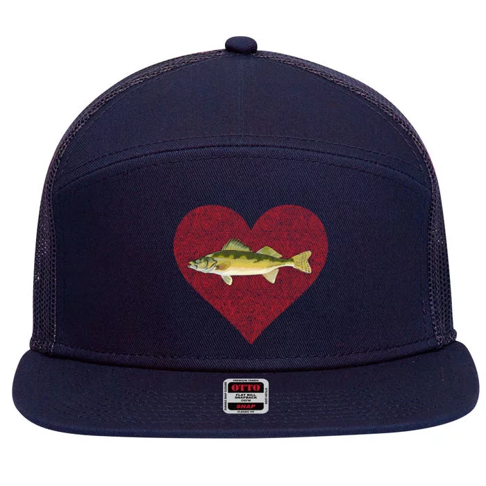 Walleye Valentines Day Fish Love Fingerprint Great Gift 7 Panel Mesh Trucker Snapback Hat