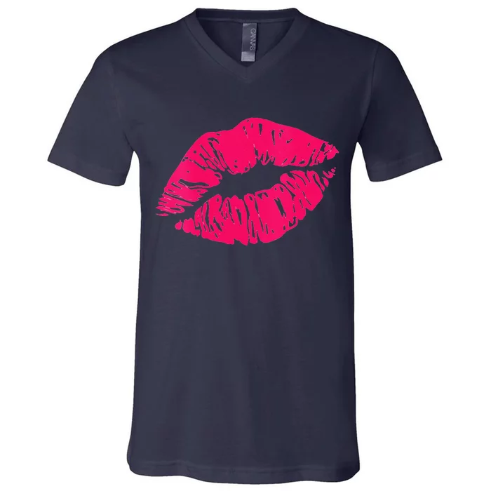 Womens Valentine's Day Hot Pink Lips 80s Retro Vintage Party V-Neck T-Shirt