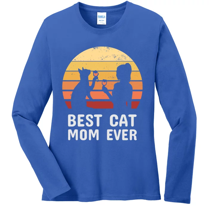 Wo Vintage Funny Cat And Wine Gift Best Cat Mom Ever Gift Ladies Long Sleeve Shirt