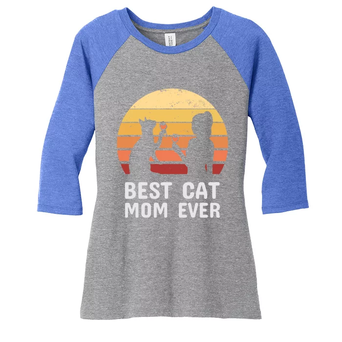 Wo Vintage Funny Cat And Wine Gift Best Cat Mom Ever Gift Women's Tri-Blend 3/4-Sleeve Raglan Shirt