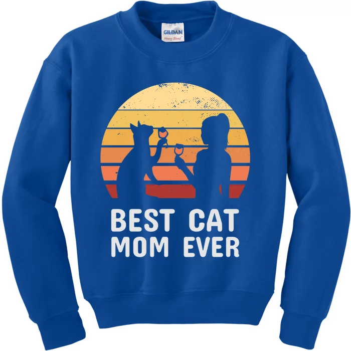 Wo Vintage Funny Cat And Wine Gift Best Cat Mom Ever Gift Kids Sweatshirt