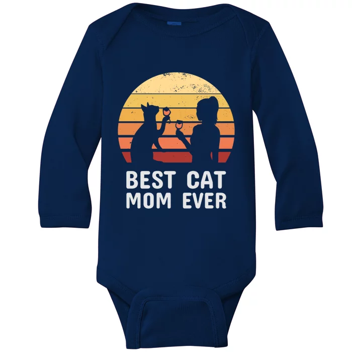 Wo Vintage Funny Cat And Wine Gift Best Cat Mom Ever Gift Baby Long Sleeve Bodysuit