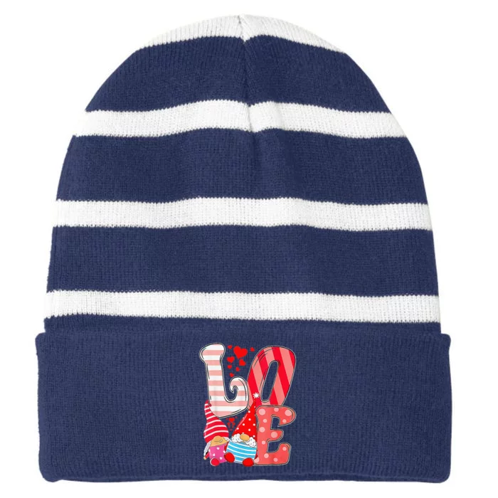 Womens Valentine Gnomes Holding Hearts Valentine's Day Gnome Love Striped Beanie with Solid Band