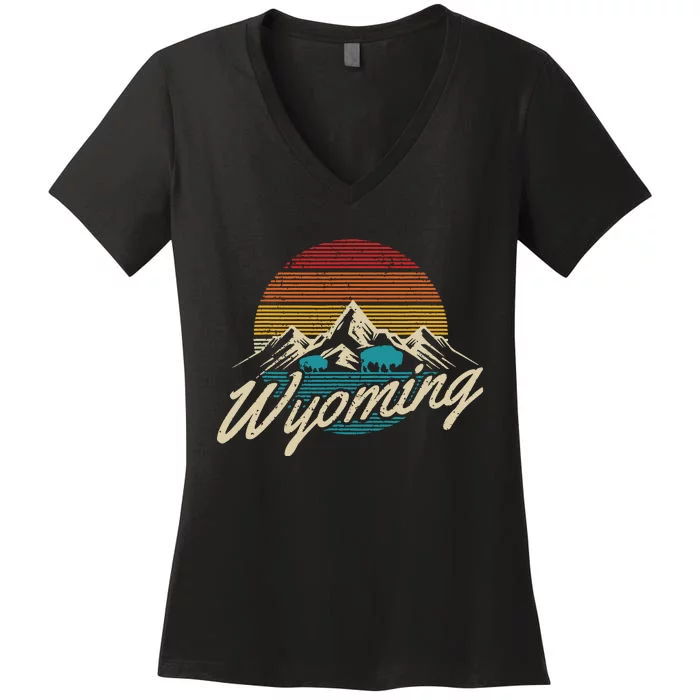 Wyoming Vintage Mountains Bison American Buffalo Gift Women's V-Neck T-Shirt