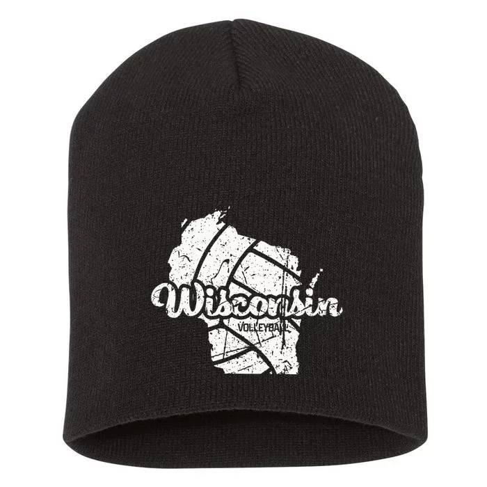 Wisconsin Volleyball Retro Script Vintage Distressed Short Acrylic Beanie