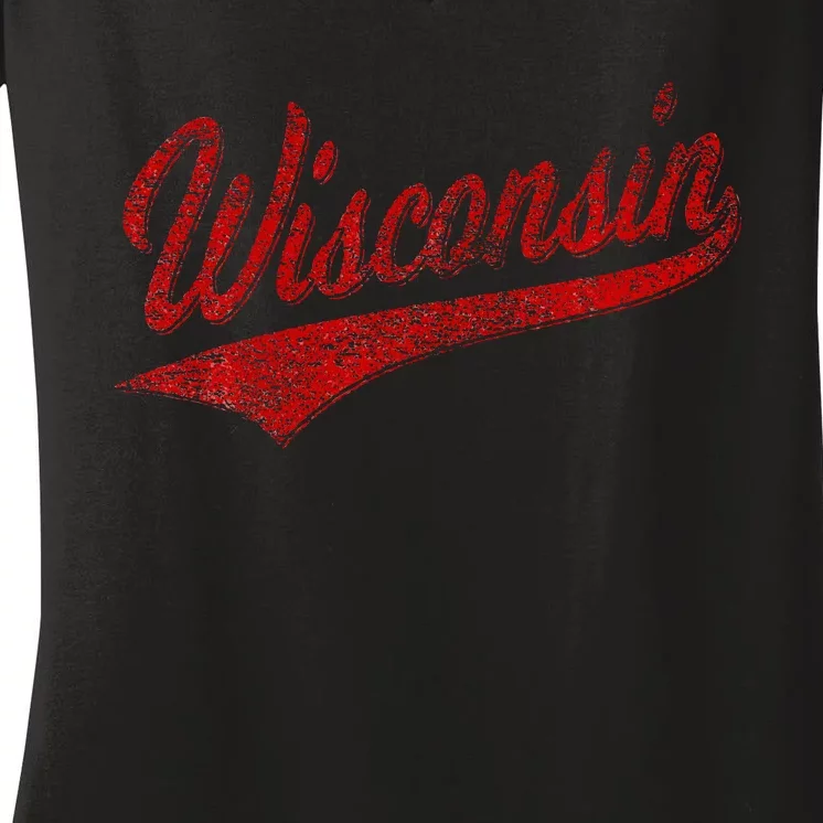 Wisconsin Varsity Script Classic Sports Jersey State Flag Women's V-Neck T-Shirt