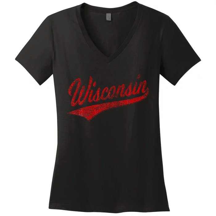 Wisconsin Varsity Script Classic Sports Jersey State Flag Women's V-Neck T-Shirt