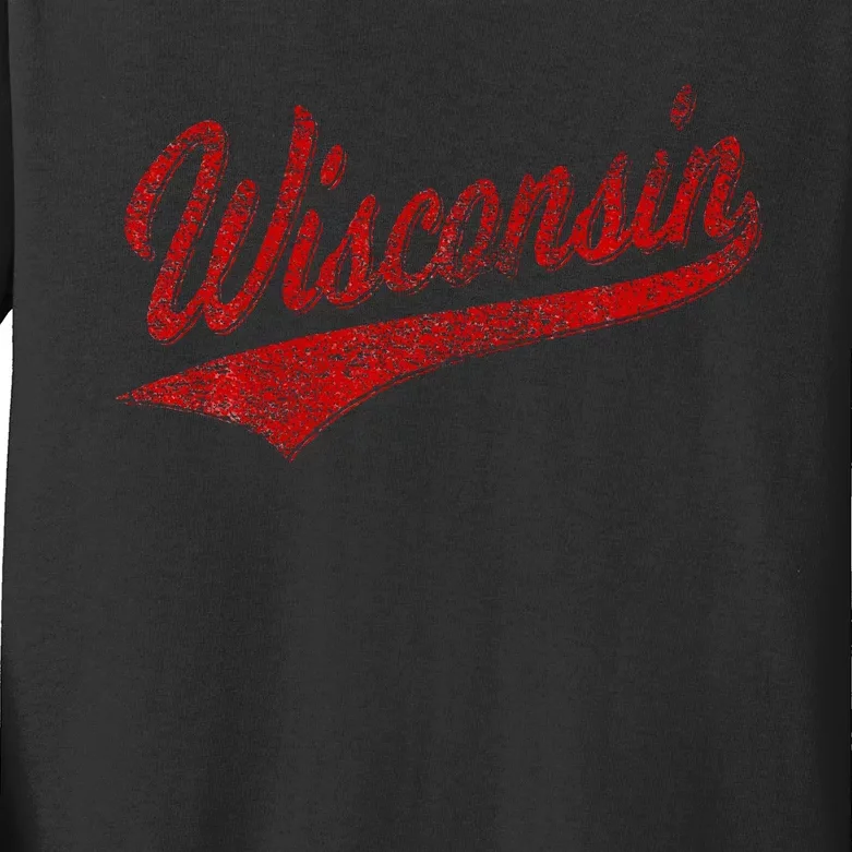 Wisconsin Varsity Script Classic Sports Jersey State Flag Kids Long Sleeve Shirt