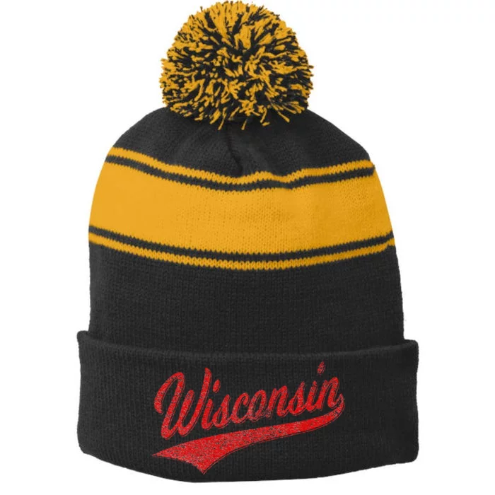 WISCONSIN VARSITY SCRIPT CLASSIC SPORTS JERSEY STATE FLAG Stripe Pom Pom Beanie