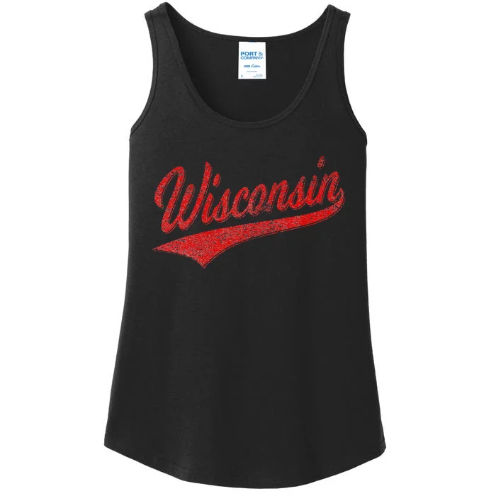 WISCONSIN VARSITY SCRIPT CLASSIC SPORTS JERSEY STATE FLAG Ladies Essential Tank