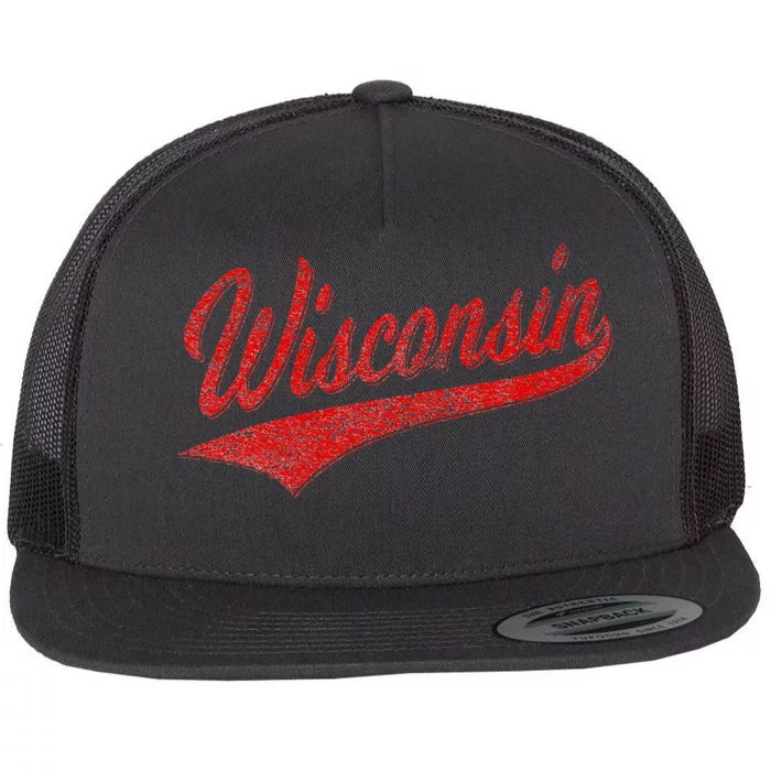 WISCONSIN VARSITY SCRIPT CLASSIC SPORTS JERSEY STATE FLAG Flat Bill Trucker Hat